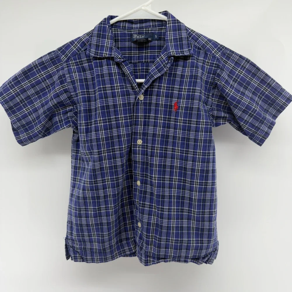 Polo Ralph Lauren Kids Blue Plaid Short Sleeve Button‎ Down Shirt Size 5